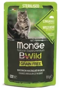 Паучи беззерновые Monge BWild для стерилизованных кошек из мяса дикого кабана с овощами (Pouch Grain Free Sterilised Cat Wild Boar with vegetables) 70012805